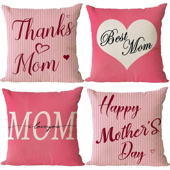 Happy Mothers Day Pillow Covers 18x18 Set of 4 Best Mom Throw Pillow Covers I Love You Mom Cushion Covers Outdoor Couch Pillow Case Gift for Mother Grandma Birthday Home Decoration (18 Inch)