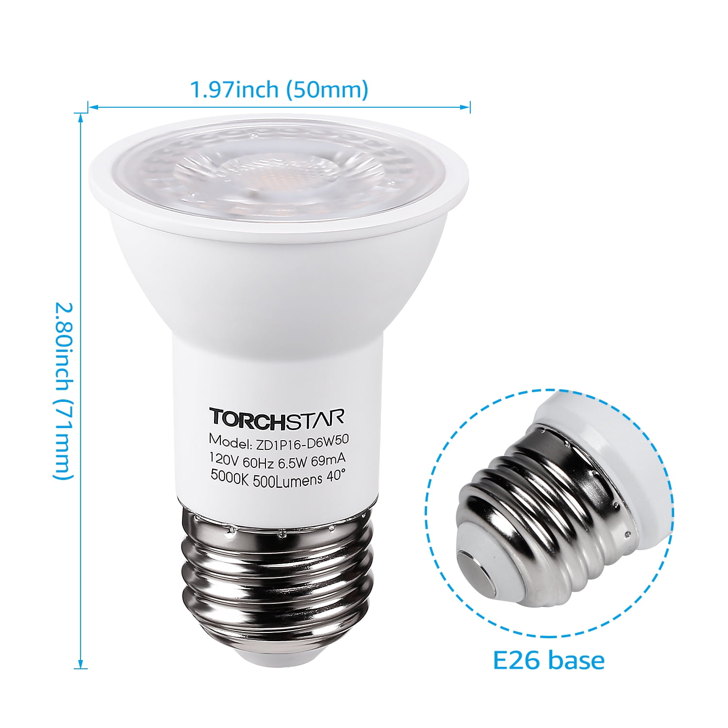 TORCHSTAR 12-Pack PAR16 LED Dimmable Spotlight Bulbs, 6.5W(50W Equiv.), E26, UL Listed Track Light Bulb, 5000K Daylight