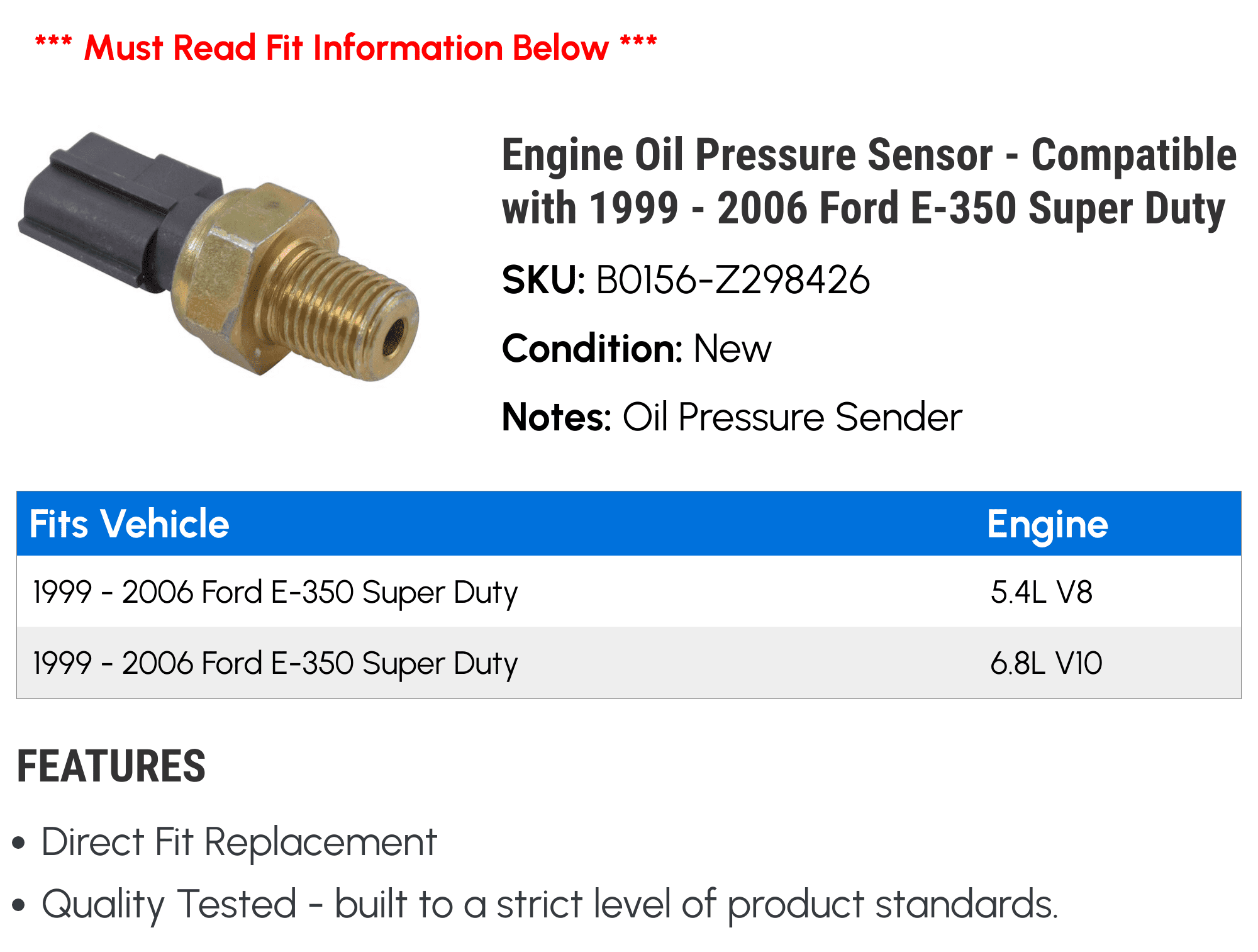 Engine Oil Pressure Sensor - Compatible with 1999 - 2006 Ford E-350 Super Duty 2000 2001 2002 2003 2004 2005
