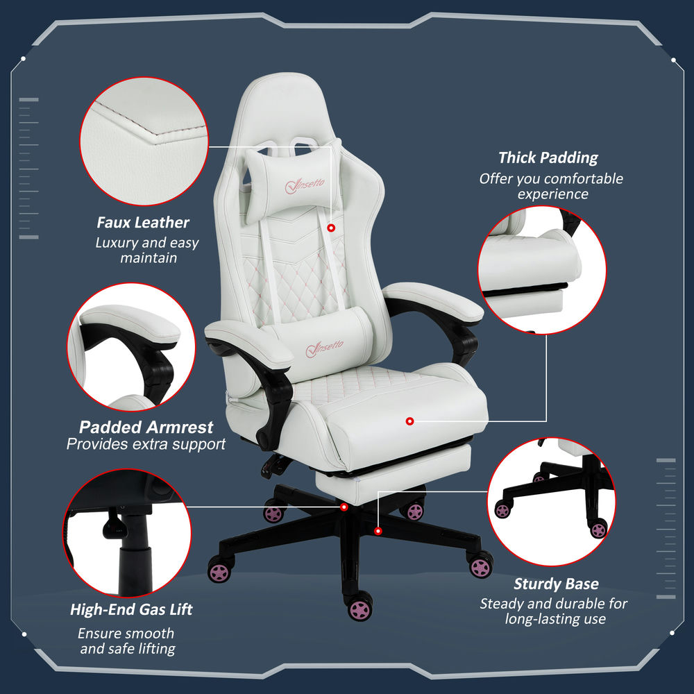 Demi Bonn PU Leather Gaming Chair with Retractable Foot Rest, Headrest, Lumbar Support and Armrest, Ergonomic Computer Chair for Home, White