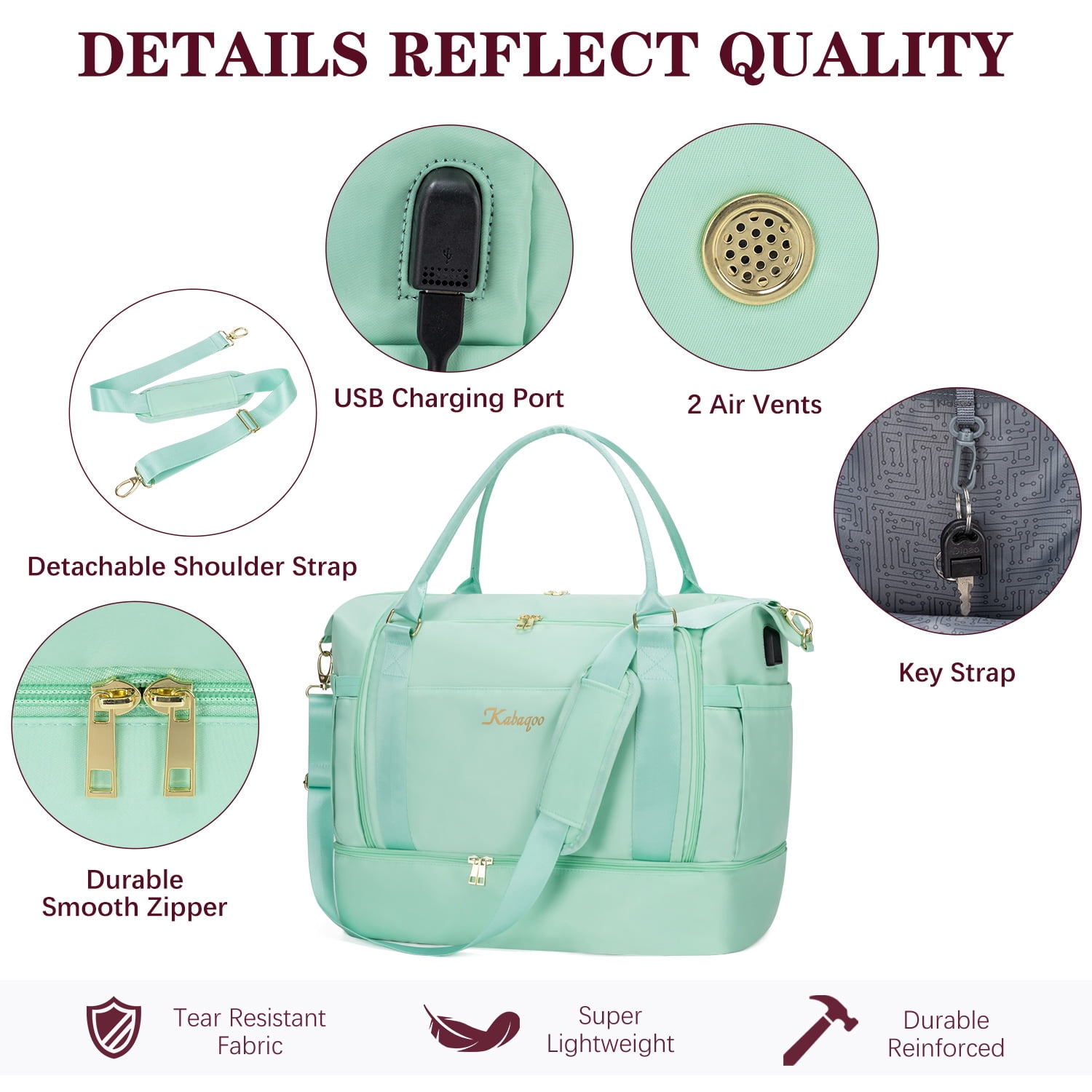Kabaqoo Travel Duffel Bag with USB Charging Port, Overnight Bag for Women with Shoe Compartment & Wet Pocket