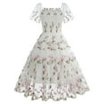 thumbnail image 4 of QQAMB Women's Dresses Mesh Square Neck Embroidered Floral Printed Cake Dress Short Sleeve Swing Party Dresses White XL, 4 of 7