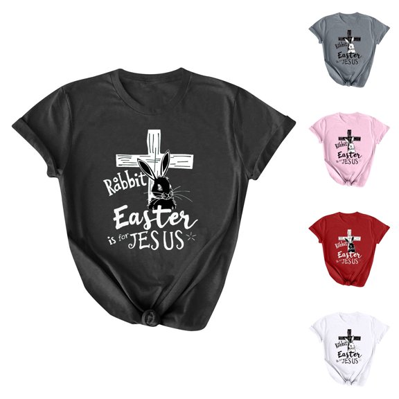 AGWOLF Womens Easter Shirts Rabbit Easter is for Jesus Graphic Tee Shirts for Women Short Sleeve Cross Print Tee Tops Religious Quotes Shirt