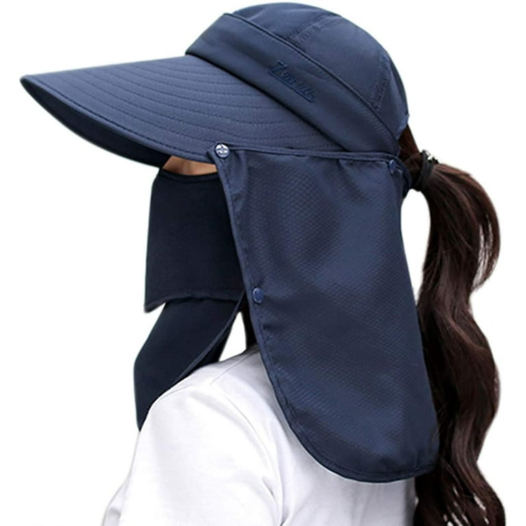 Wide Brim Sun Hat for Women UV Protection Hiking Fishing Hat Foldable  Ponytail Summer Bucket Caps with Face & Neck Flap-Navy Blue