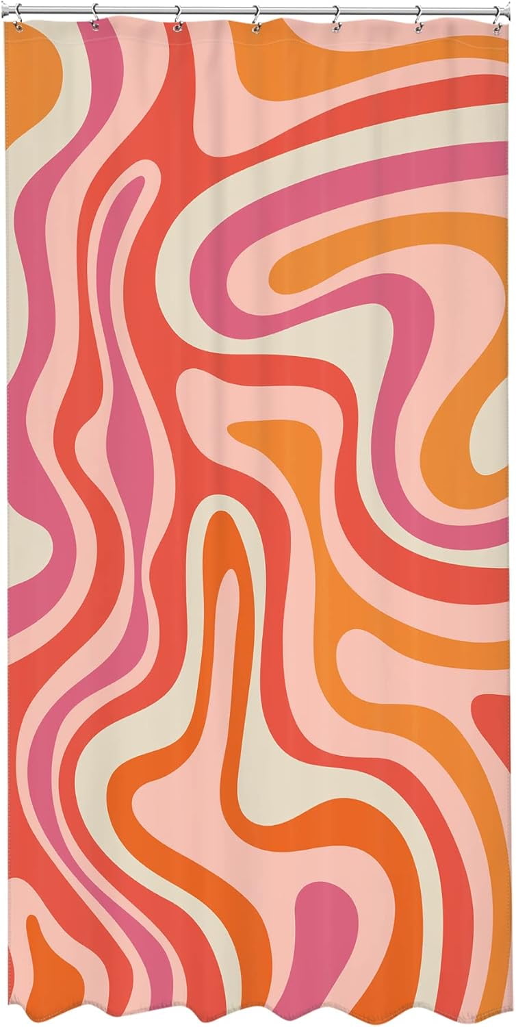 Small Stall Modern Abstract Shower Curtain 36Wx72H Inches Pink Orange Groovy Aesthetic Cute 70s Retro Swirl Narrow Bathroom Curtain Fabric Waterproof Polyester Home Decor Set with Hooks