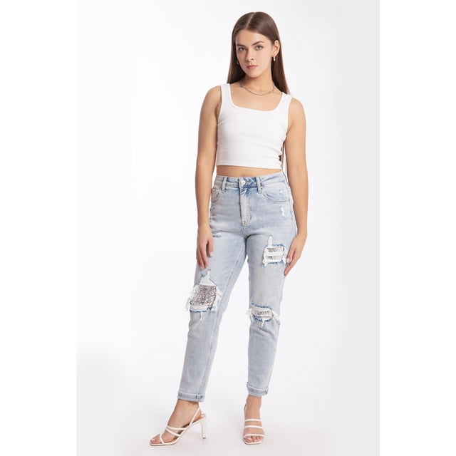 Mom jeans Roman Fashion Con lentejuela juvenil 6635 Mezclilla light azul