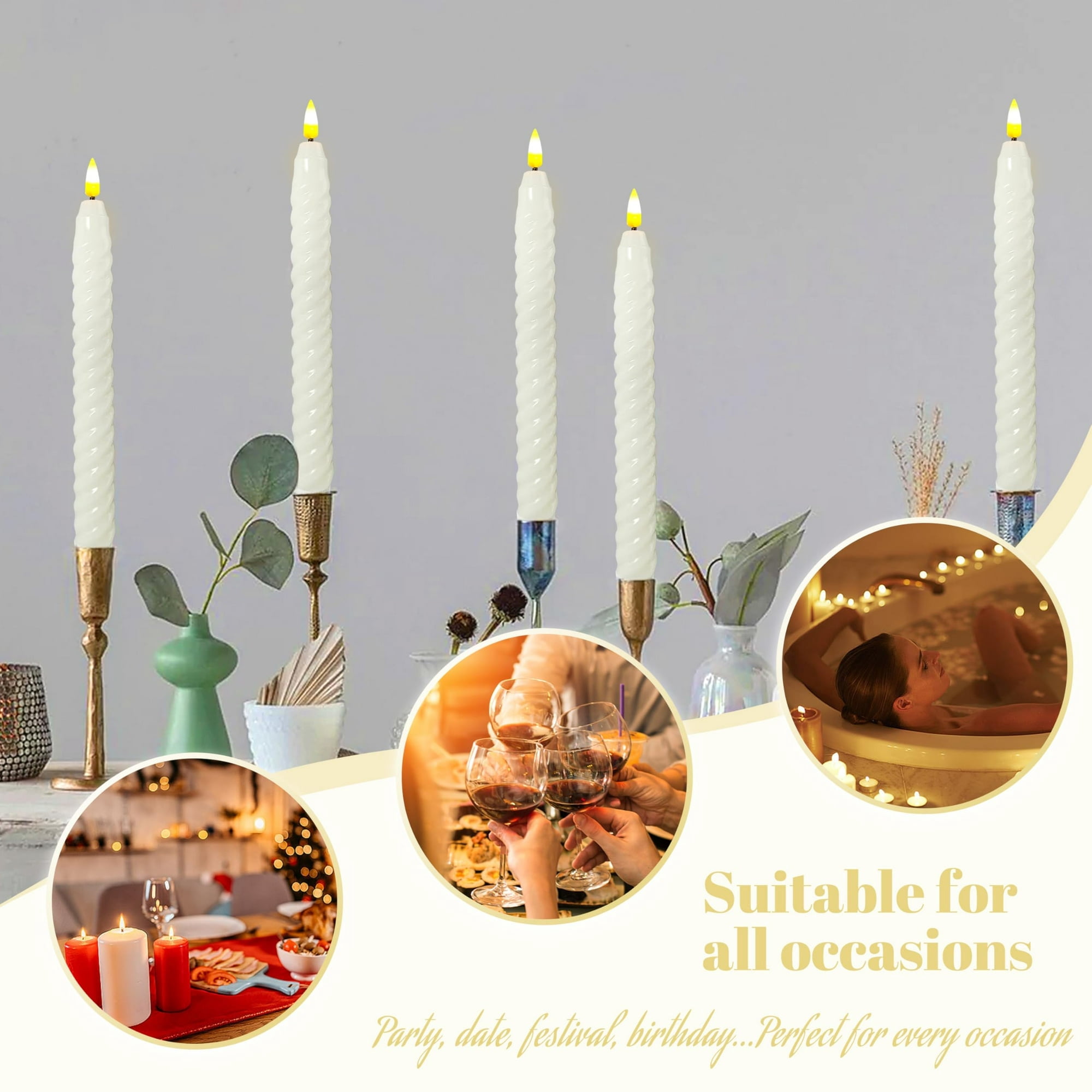 White Spiral Flameless Taper Candles, 9.8 Inch Flickering Candles with Remote and Timer, Real Wax Candlesticks LED Battery Operated 3D Wick for Wedding Party Home Decor