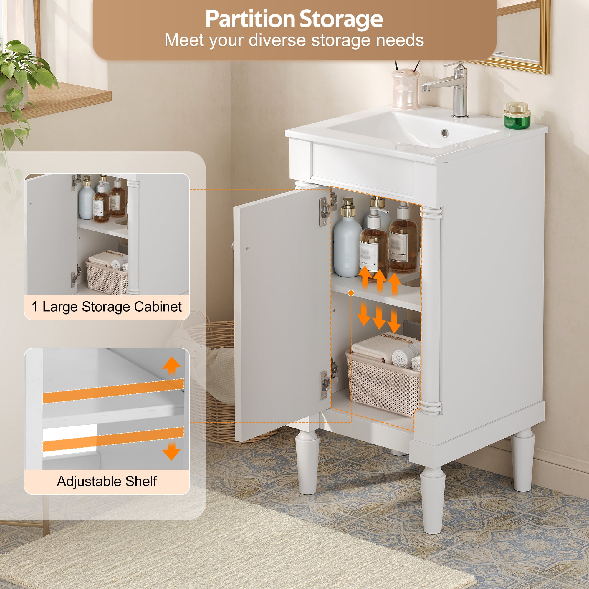 Euroco 18" French Style Bathroom Cabinet with Storage, Small Space Solution with Ceramic Sink, Adjustable Shelf, Soft-Closing Hinges