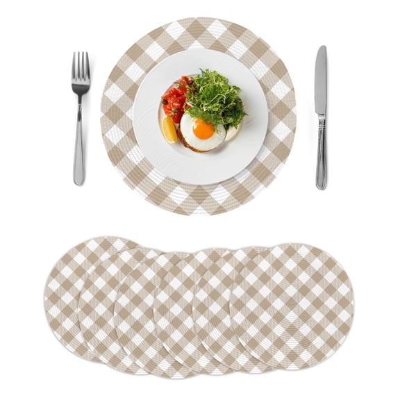 Minimalistic Checkered Beige Rural Style,Round Placemats Set of 6 for Dinning Tables,Heat-proof Braided Table Mats 15 Inch,Washable Place Mat for Kitchen Restaurant Party Decor Supplies Table Setting