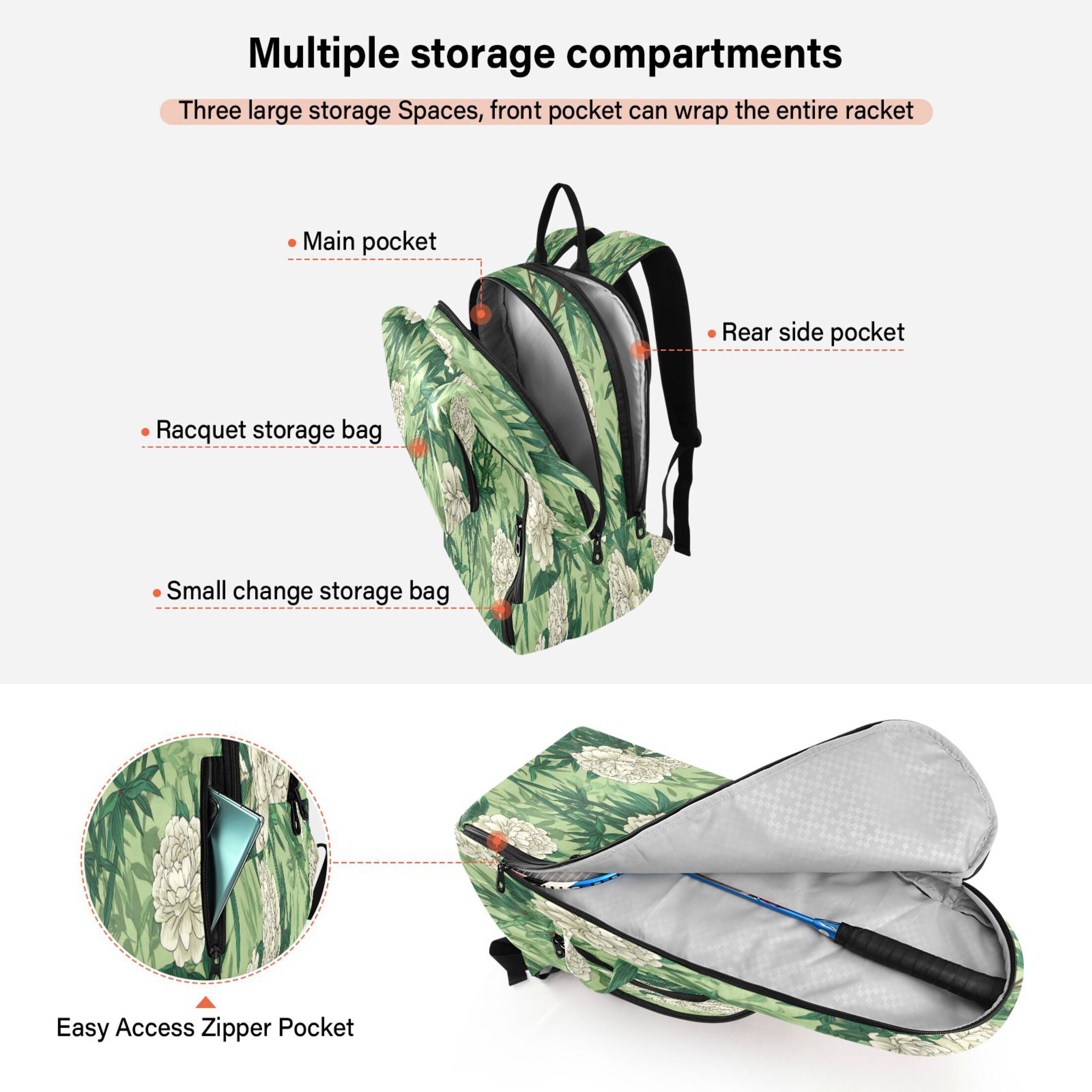 2 Racquet Holder Tennis Backpack Tennis Racket Covers Gym Bags White Peony and Bamboo