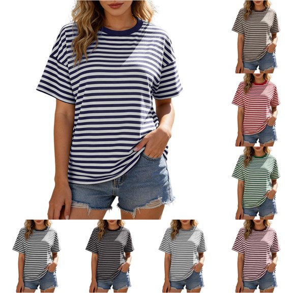 YMNXA Womens T Shirts Summer Short Sleeve Round Neck Striped Print Fashion Breathable Loose Fit Tee Top For Everyday Wear,Navy,M