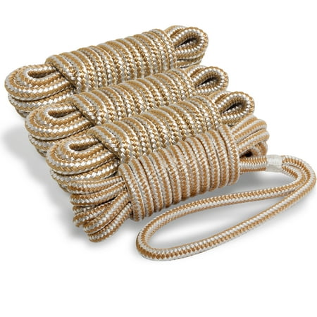Five Oceans Dock Lines, 4 Pack 1/2 Inch x 20 Feet Marine Boat Docking Rope Line, Gold/White Nylon Double Braided with 12 Inches Eyelet for Pontoon, Fishing Boats, Sport Boats, Sailboats FO4274-M4
