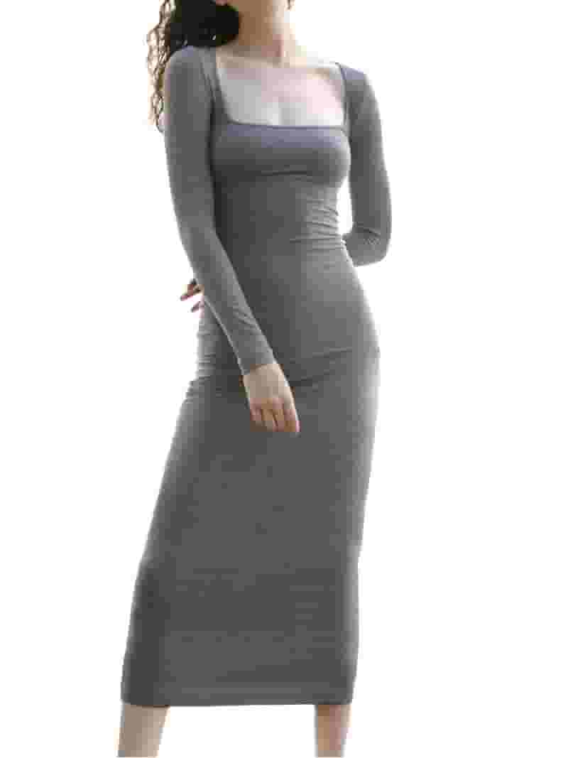 NEWALRIN☆Slim square neck long knit dress Women Long Sleeve Bodycon Maxi Dress Solid Color Knitted