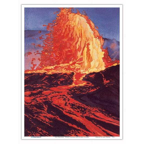 Pele Watching (Ke Kiaʻi ʻAna ʻO Pele) - Hawaiʻi Volcano Lava - From an Original Watercolor Painting by Janet Stewart - Master Art Print (Unframed) 9in x 12in