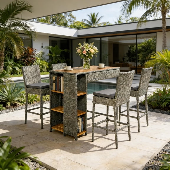 Outdoor high table and chairs, 5-piece rattan outdoor bar set, with a high table and 4 stools, suitable for garden, deck, or balcony