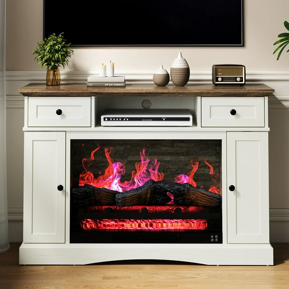 Cozy Home TV Stand with 28'' Fireplace for TVs up to 55'', Accent Entertainment Center with Adjustable Shelves & Double-door Design, Perfect for Living Room, Bedroom, White