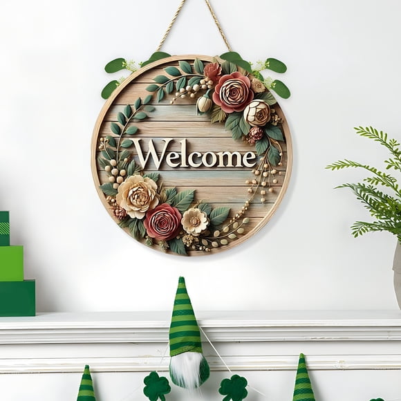 Qonioi Welcome Sign 7.87x7.87 Inch, Wooden Welcome Plaque Floral Wreath Design, Decorative Door Hanger Front Entry Garden Festival