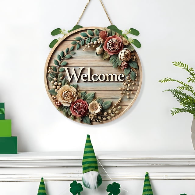 Placa de Madera de 20X20 Cm con Colgante de Corona de Flores para Puerta | Decoración Multicolor para Pared | Madera Resistente | Ideal para Regalar En Fiestas | 1 Unidad