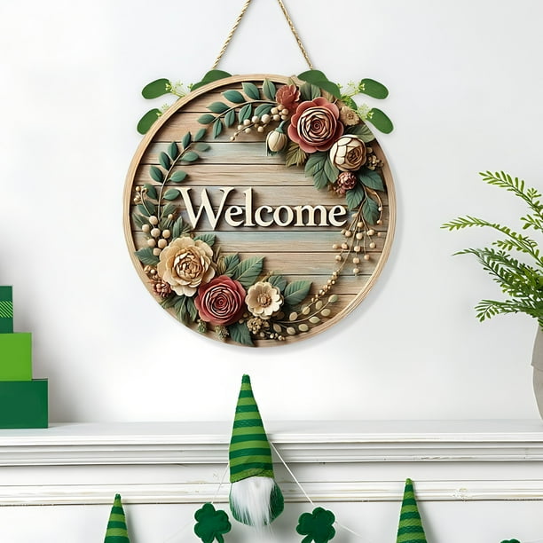 20x20cm Welcome Doorplate Decoration Flower Wreath Pendant Wooden Circular Sign Hanging Home Decoration Wall Decoration