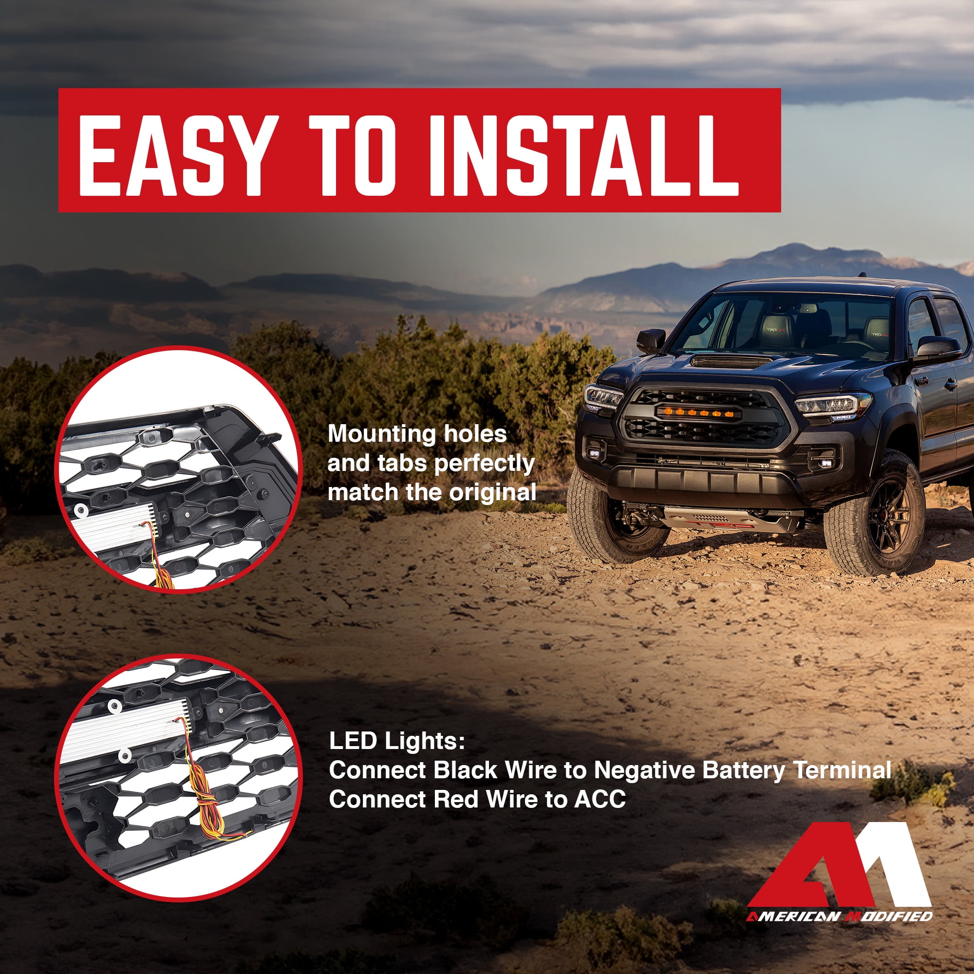 AMERICAN MODIFIED Pro Grille w/ Off Road Lights for 2016-23 Tacoma, Black