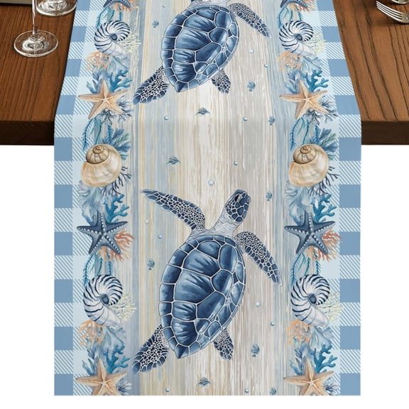 Blue Sea Turtle Coastal Burlap Cotton Table Runner 13x60 Inches Long, Summer Beach Coral Starfish Shell Farmhouse Table Runners, Outdoor Dining Tablecloths Decor for Baby Shower/Party/Wedding