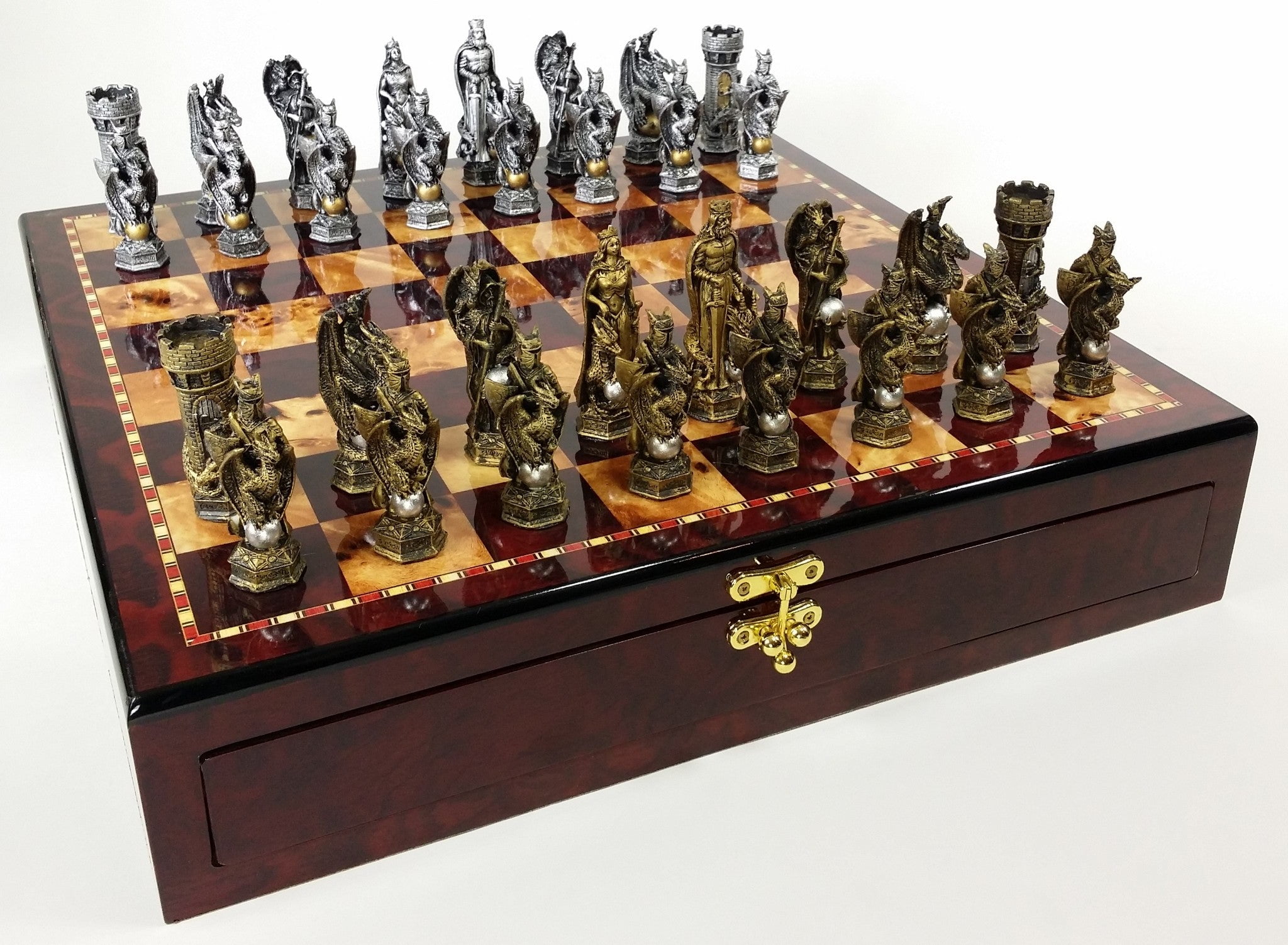 Medieval Times Knight PEWTER METAL CHESS Set Antique Finish W CASTLE BOARD 17" 