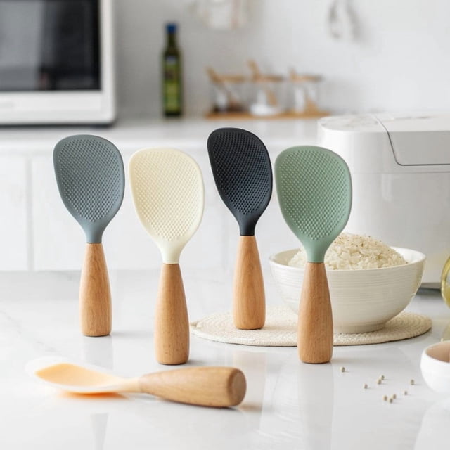 Bowayaoa Non-Stick Silicone Rice Spoon with Wooden Handle, Heat-Resistant Kitchen Utensil for Rice Cooker, Ergonomic Safe Serving Spoon, Dotted Scooper, Multipurpose Cooking Spatula