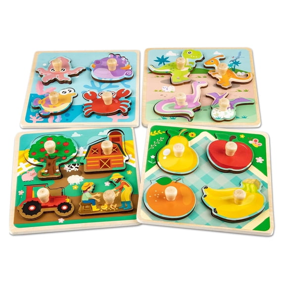 Wooden Toddler Puzzles - 4 Pcs Eco-Friendly Animal Patterns Jigsaw With Handles - Infant Kid Fine Motor Skill Learning Educational Montessori Toys for 1-3 Years Old