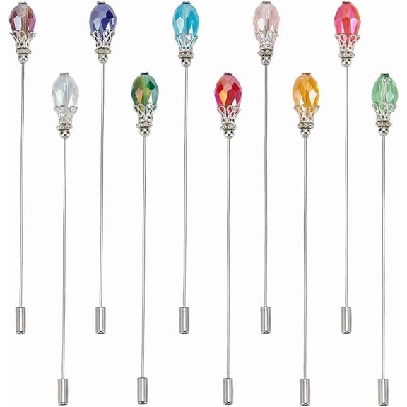 10 Colors Hat Pins Glass Beads Lapel Pin 4.8 Inch Long Handle Stick Pin with Beads Elegant Hair Suit Pins for Women Brooches Tie Hats Scarf Jewelry Accessories