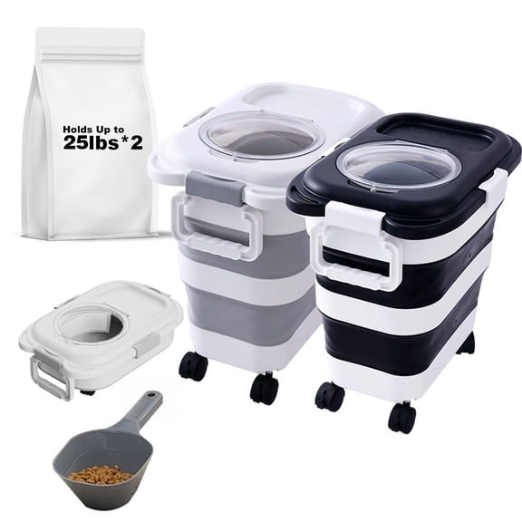 2pack 25 lbs Dog Food Storage Container,Collapsible Dog Food Container with Scoop,Pet/Dog/Cat/Bird Food/Cat litter Storage Containers to Keep Dry,Easy to Move.(Black white)