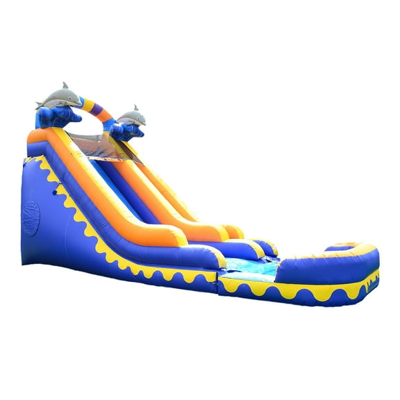 JumpOrange 18’ Dolphin Splash Commercial Grade Water Slide with Attached Deep Pool for Kids and Adults (with Blower), Outdoor Inflatable, Summer, Wet Dry Slide, Rental Quality
