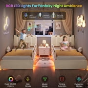 Twin Size Upholstered Bed with Storage Drawer and LED Light,Twin Bed Frame with Safety Guardrails and Chic Wavy Headboard,Velvet Princess Bed with Charging Station,Heavy Duty Metal Support,Beige