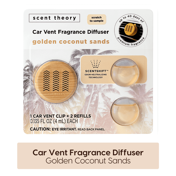 Scent Theory Fragrance Diffuser Set for Cars with 2 Refill Pods, Golden Coconut Sands