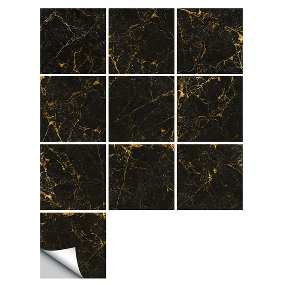 BNNG 10pcs Marble Peel and Stick Backsplash Waterproof Washroom Wall Panels, Peel and Stick Tile, PVC Wall Panels for Kitchen, Bathroom (Easy DIY Installation, 4x4 Inches Each,Black)