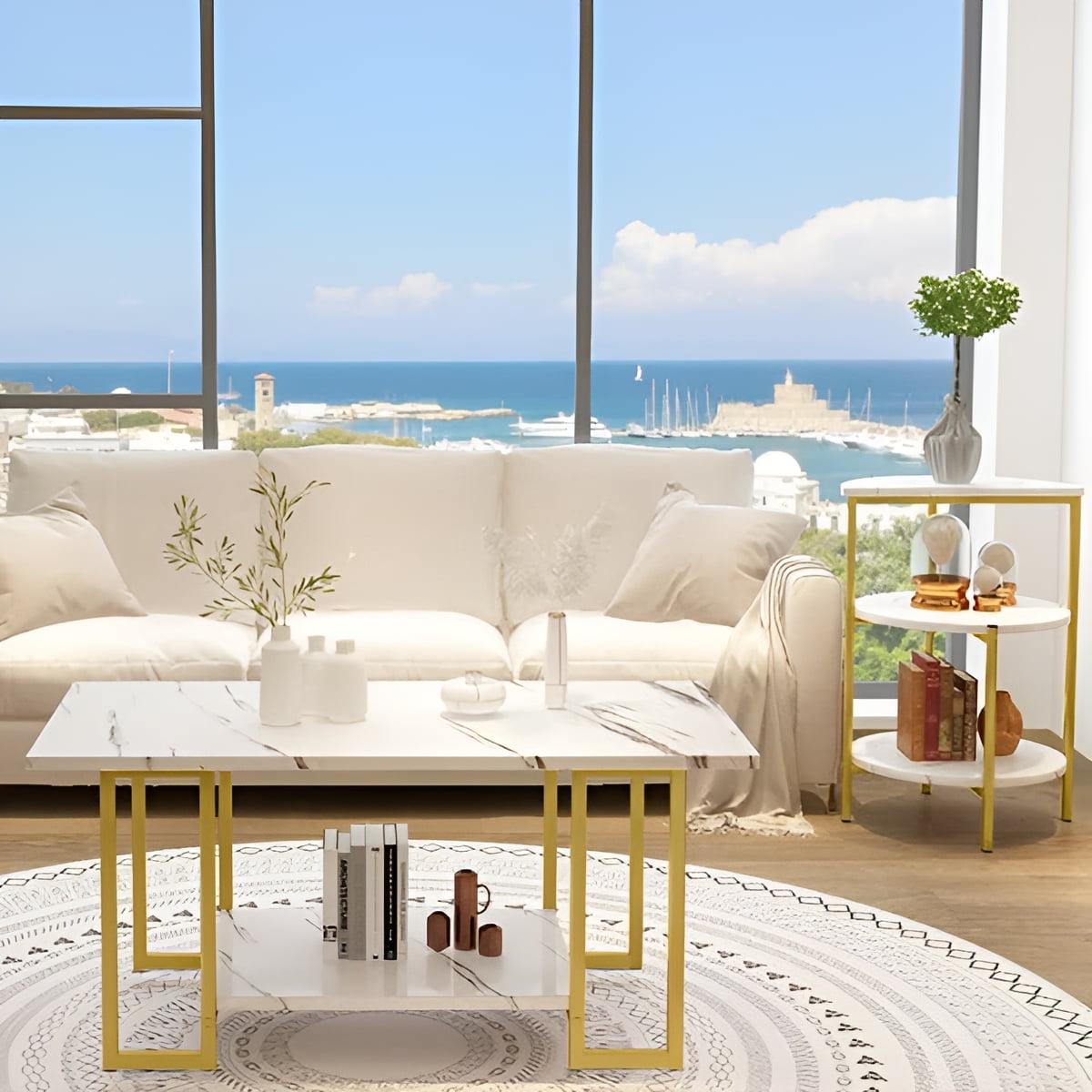 AWQM Storage Multi 3 Tiers 2 Pieces Marble Coffee Table, 2 Side Table, White/Gold