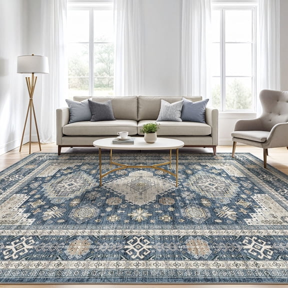 UERMEI 8'x10' Washable Area Rugs for Living Room, Modern and Vintage Non Slip Carpet, Low Pile Indoor Rug for Bedroom Home Decor Carpets, Blue