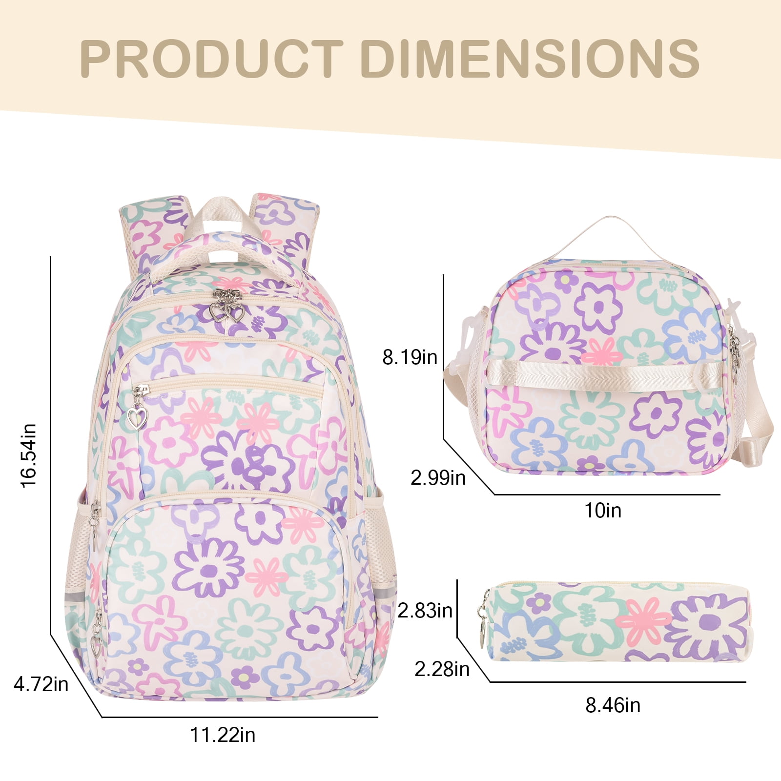 School Backpack Set for Girls,Lightweight Bookbag with Large Capacity, 3-in-1 School Essentials Set Includes Lunch Box & Pencil Case Beige