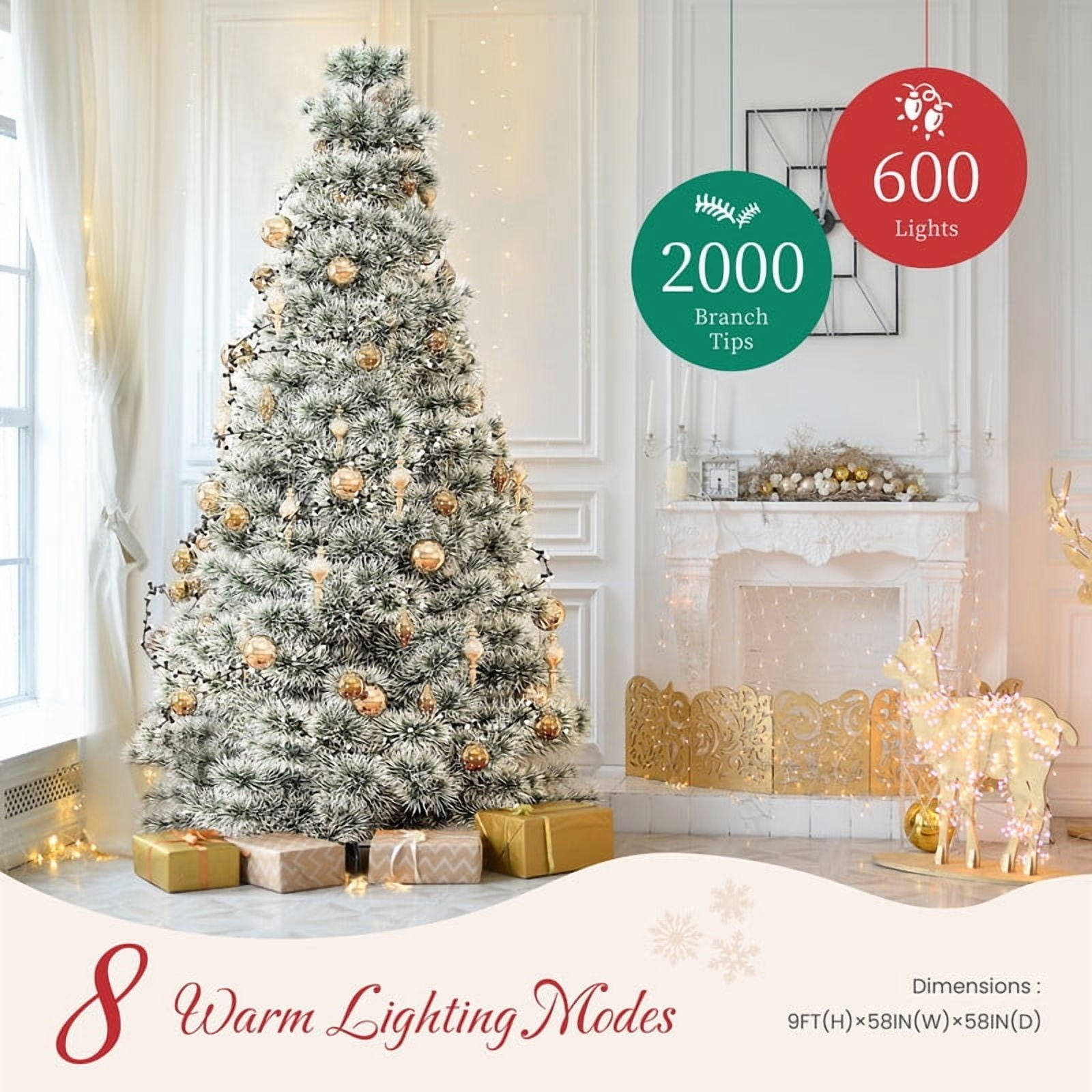 Gianna 9ft Pre-lit Snow Flocked Artificial Christmas Tree, Prelighted Artificial Hinged Spruce Xmas Tree with 2000 Branch Tips, 600 Incandescent Lights & Foldable Base for Home, Office, Party
