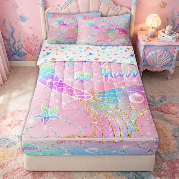 Erosebridal Glitter Rainbow Mermaid Tail Zipper Twin Comforter Sets with Fitted Sheet and 2 Pillowcases for Girls, Pink Seashell Starfish Zipper Bedding Set, Stars Reversible, 4 Pieces