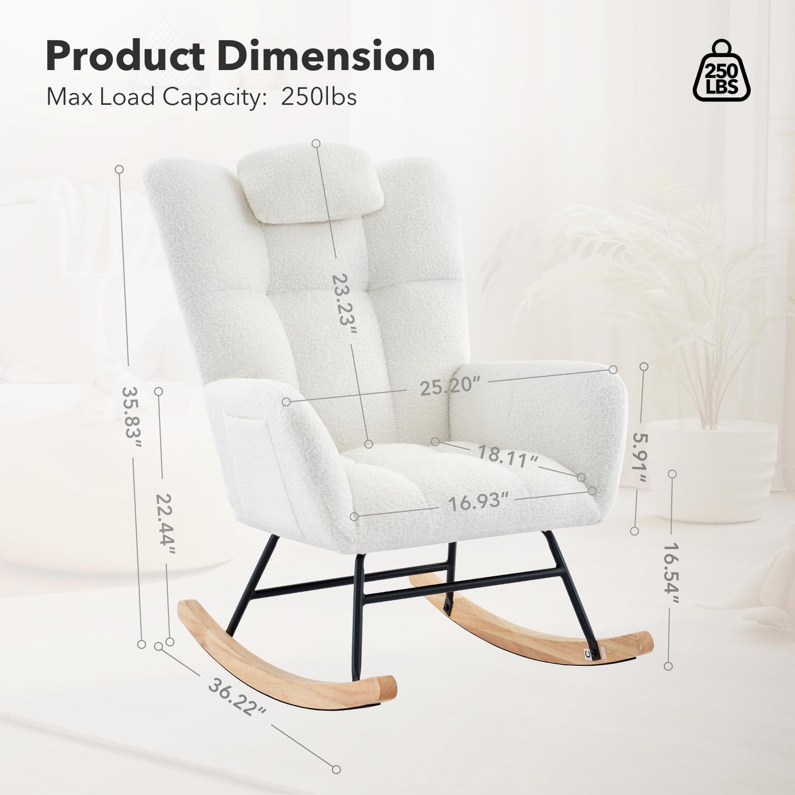 Kicctian High Back Upholstered Rocking Chair, Plush Headrest Armrest Accent Seat for Living Room Bedroom,Beige