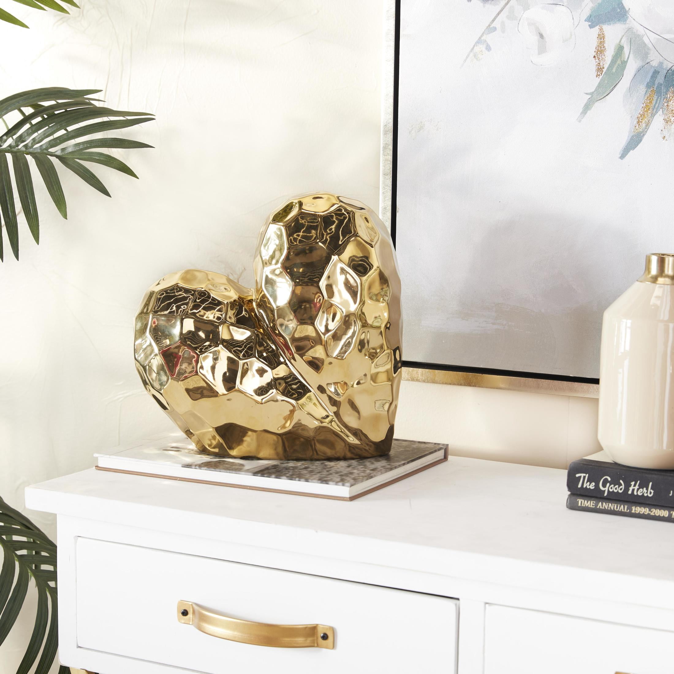 12" x 11" Gold Porcelain Ceramic Dimensional Origami Inspired Angled Heart Sculpture with Faceted Exterior, by DecMode