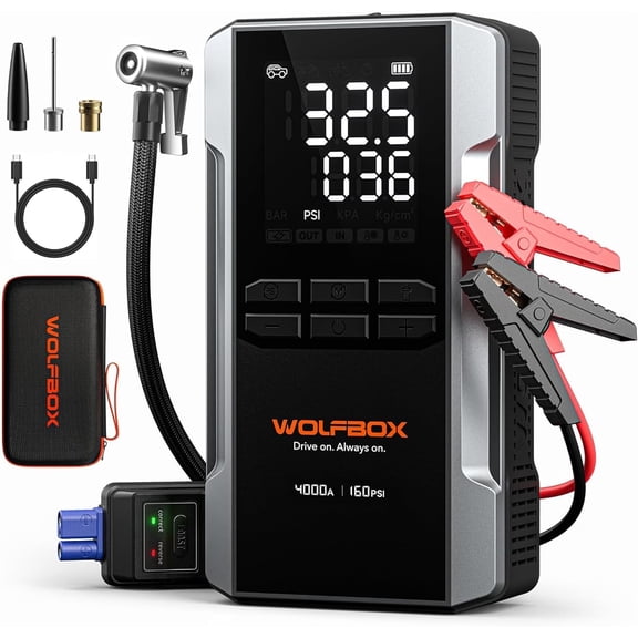 WOLFBOX 4000A Portable Jump Starter with 160PSI Air Compressor, 24000mAh Jump Pack Battery Booster & Tire Inflator for 10L Gas & 6L Diesel Engines
