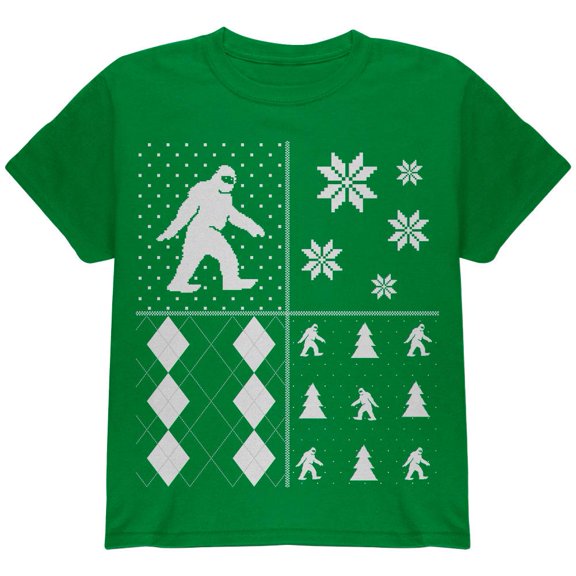 Sasquatch Festive Blocks Ugly Christmas Sweater Green Youth T-Shirt - Youth Medium