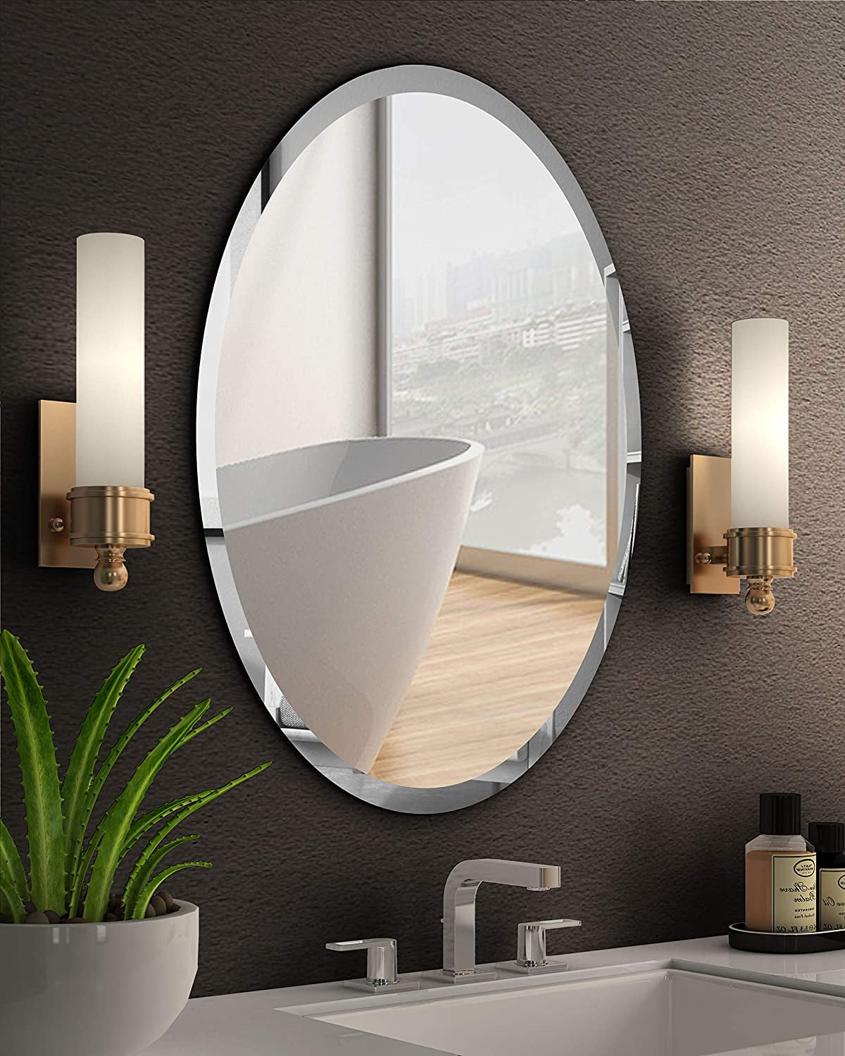 Beveled Polished Frameless Wall Mirror, Large Oval Vanity Mirror For Bathroom