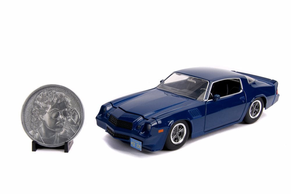 Billys Chevrolet Camaro Z28 Dark Blue with Collectible Coin Stranger Things TV Series 1/24 Diecast Model Car by Jada 31110 2016 