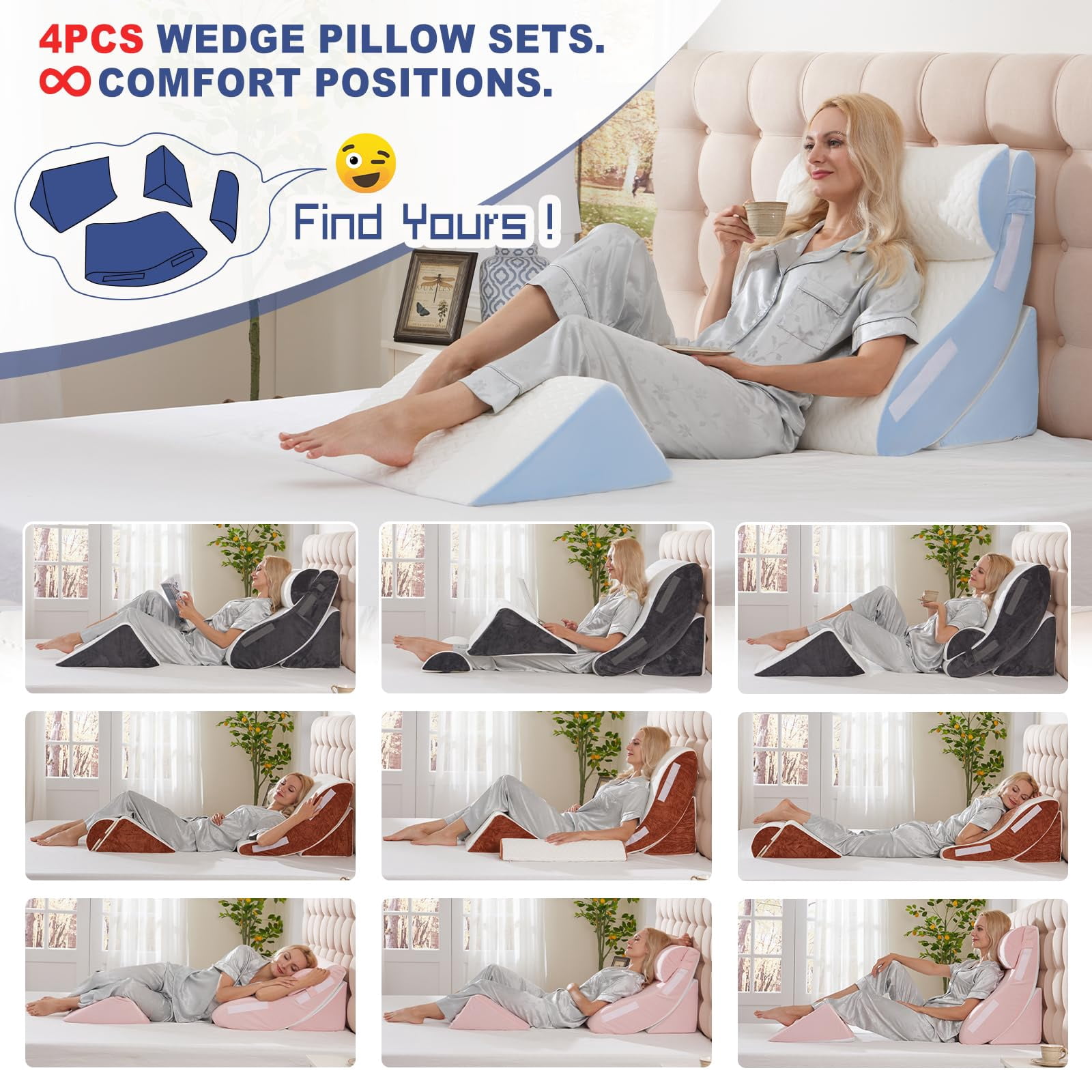 4pcs Wedge Pillow Set For Sleeping - Bed  Adjustable Memory Foam Support Sitting Up In White Blue