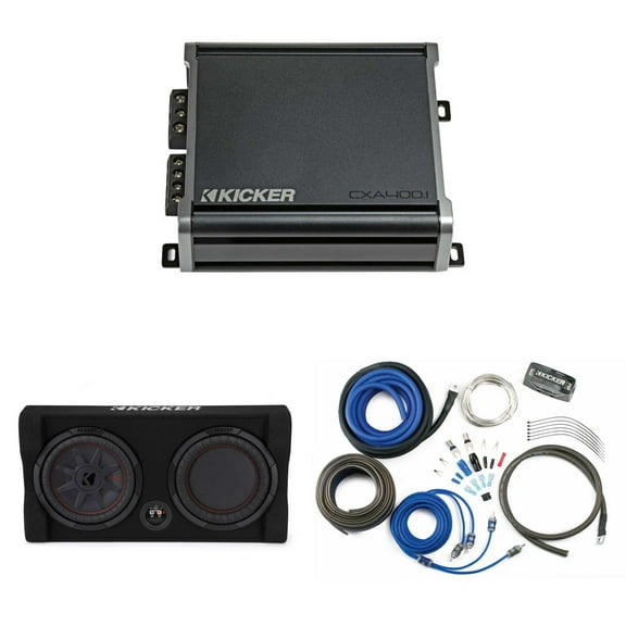 Kicker Comp RT 10 Inch 48TRTP102 Thin Down Firing Enclosure Package with 46CXA4001 & CK8 Amp install kit Bundle