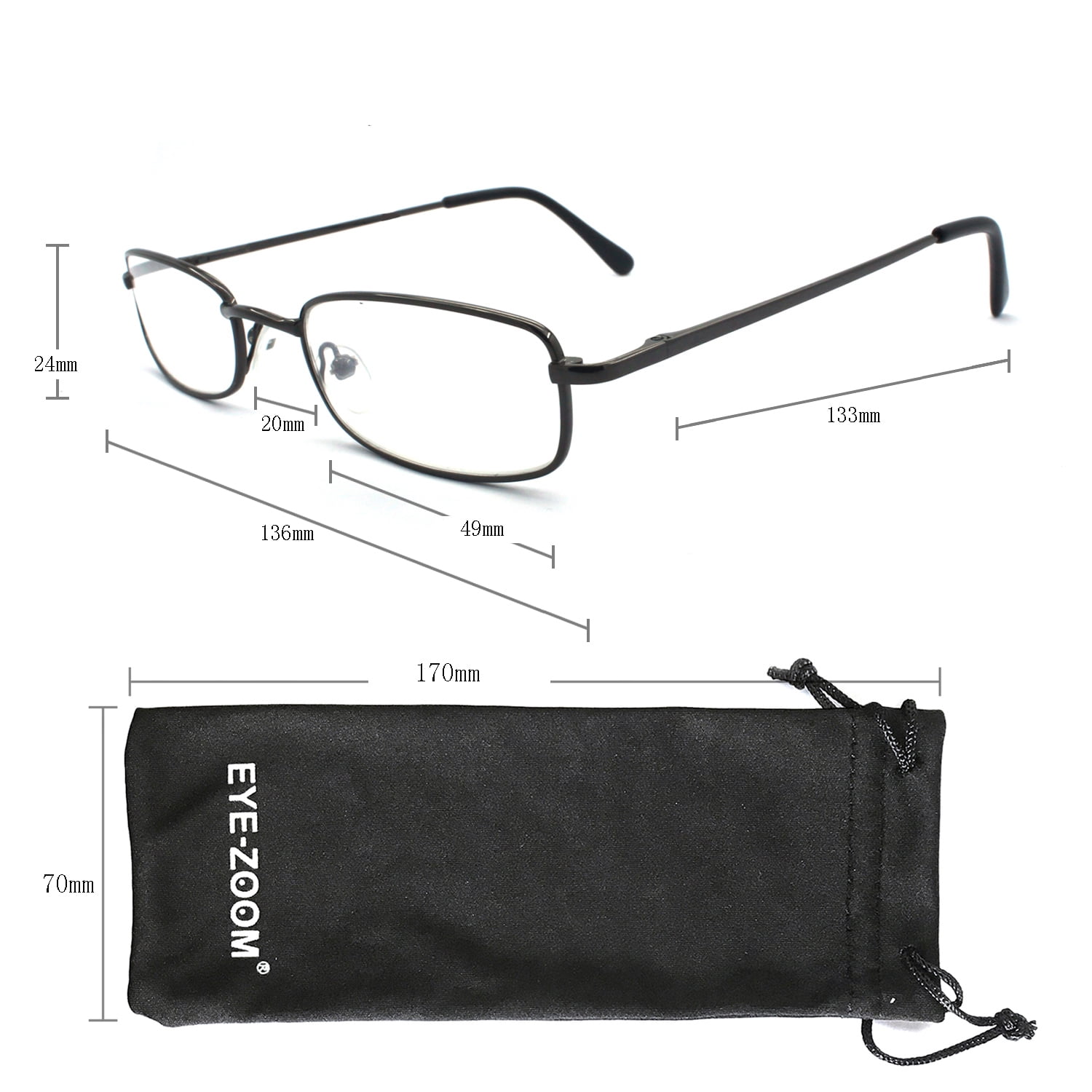 EYE ZOOM 5 Pairs Unisex Classic Rectangular Metal Frame Reading Glasses, Gunmetal, +1.00