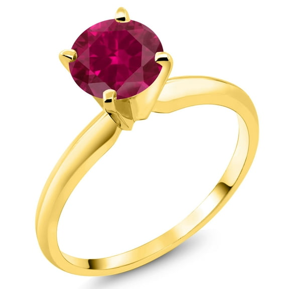 Gem Stone King 14K Yellow Gold Red Created Ruby Solitaire Engagement 4-Prong Ring for Women | 1.00 Cttw | Round 6MM | Gemstone July Birthstone (Size 9)