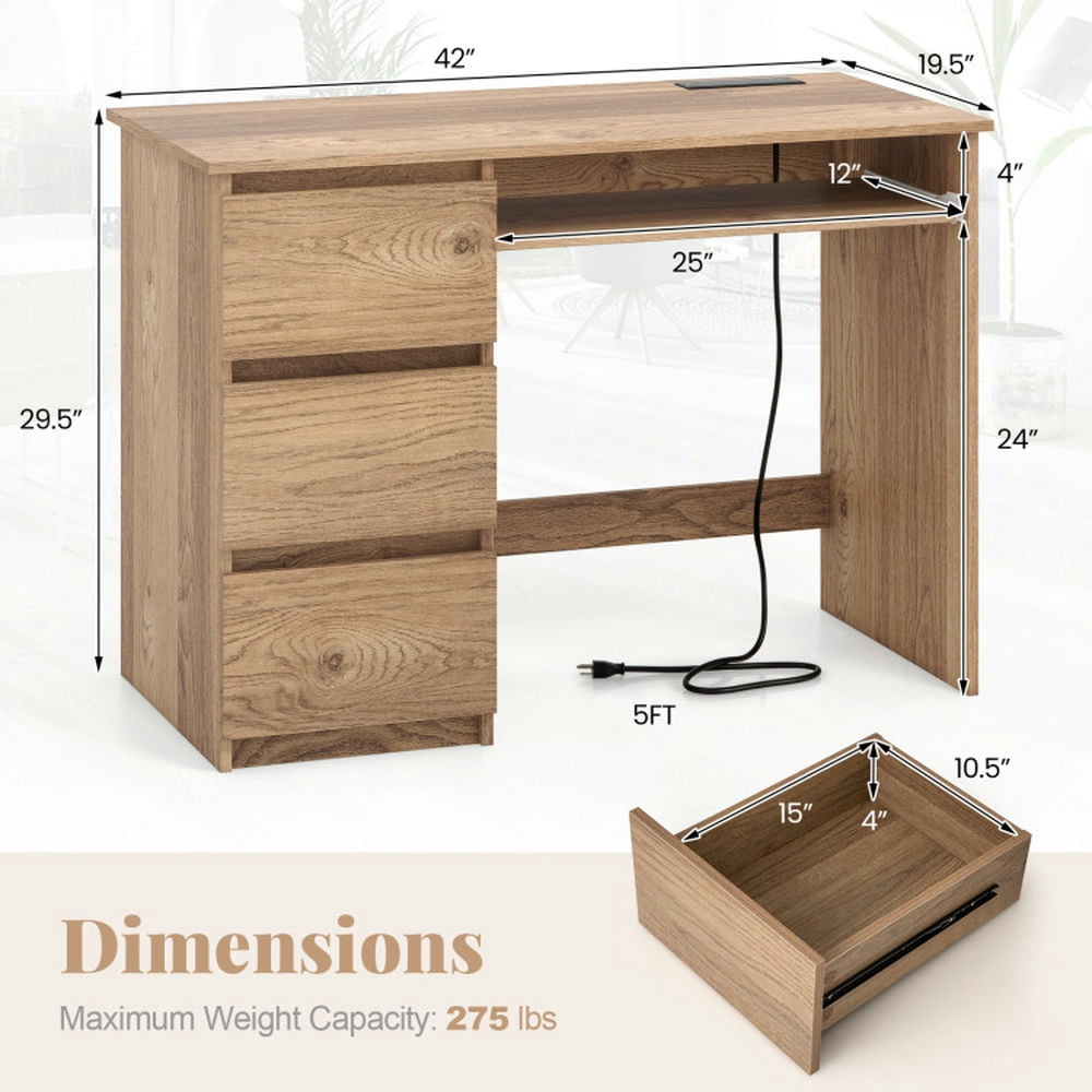 Barara King Writing Desk,Writing Workstation, Computer Desk with Power Outlet Keyboard Tray and 3 Large Drawers-Natural